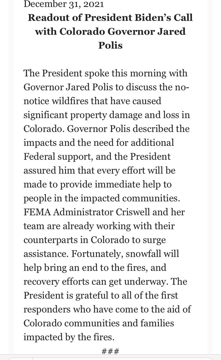 There's been a phone call between @POTUS and @jaredpolis to discuss the ColoradoFires, according to the @WhiteHouse