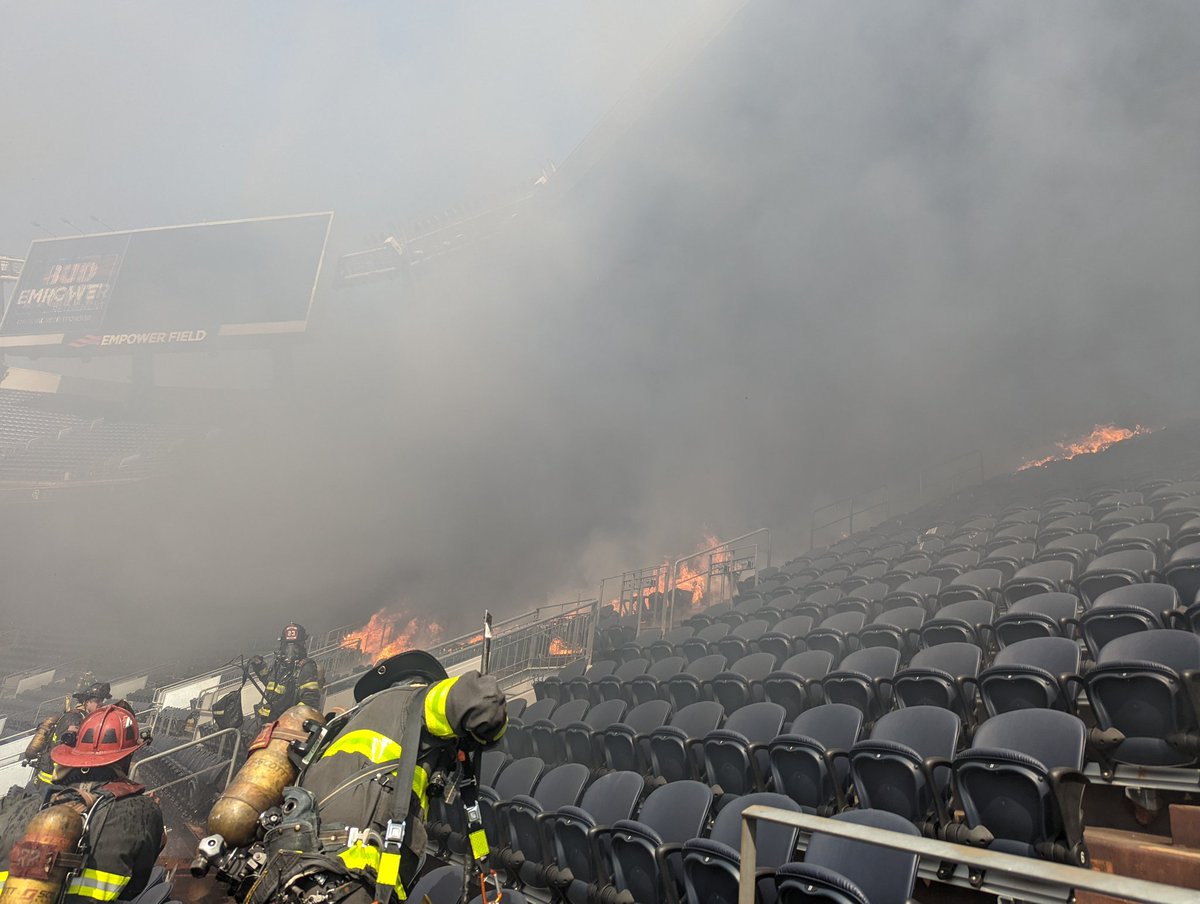 A fire burned a portion of the seating area at Empower Field at Mile High in Denver, Colorado on Thursday afternoon