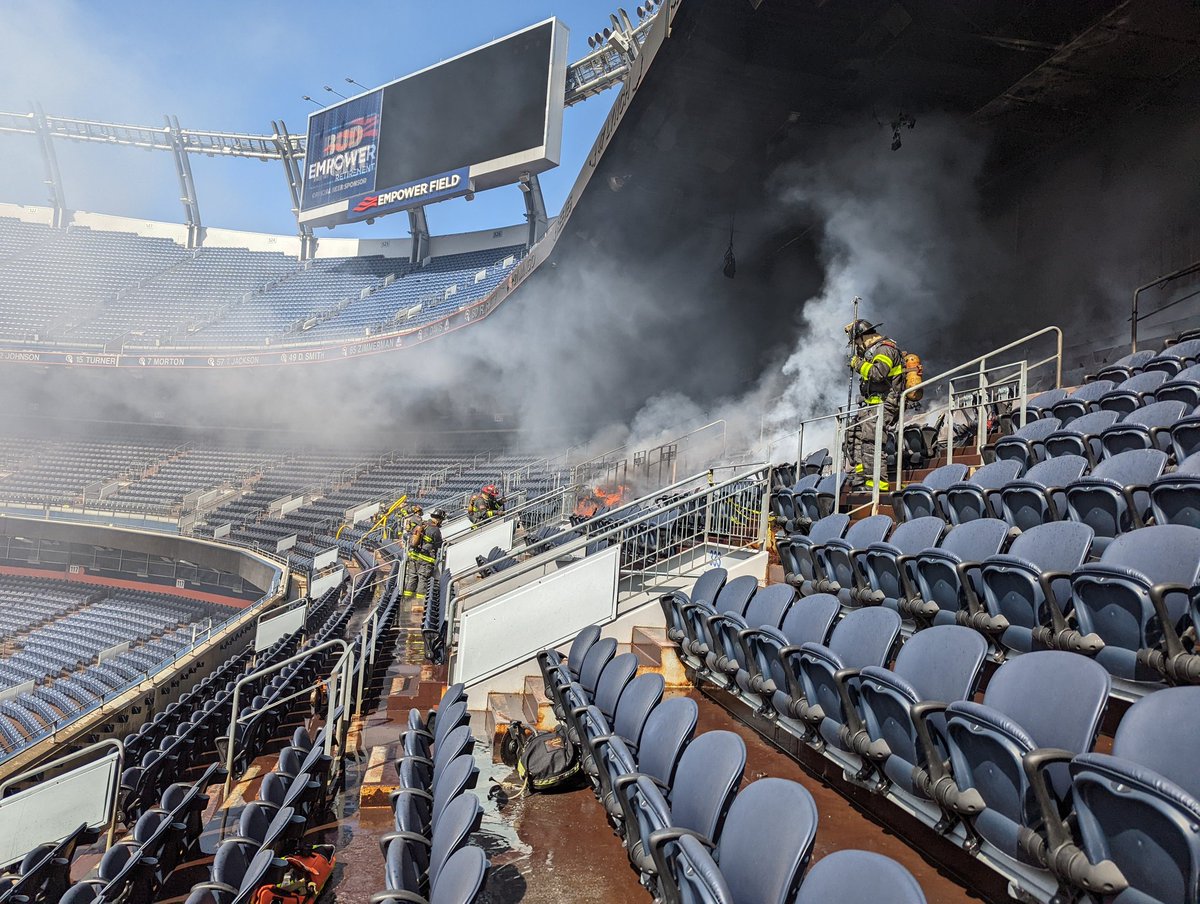 A fire burned a portion of the seating area at Empower Field at Mile High in Denver, Colorado on Thursday afternoon