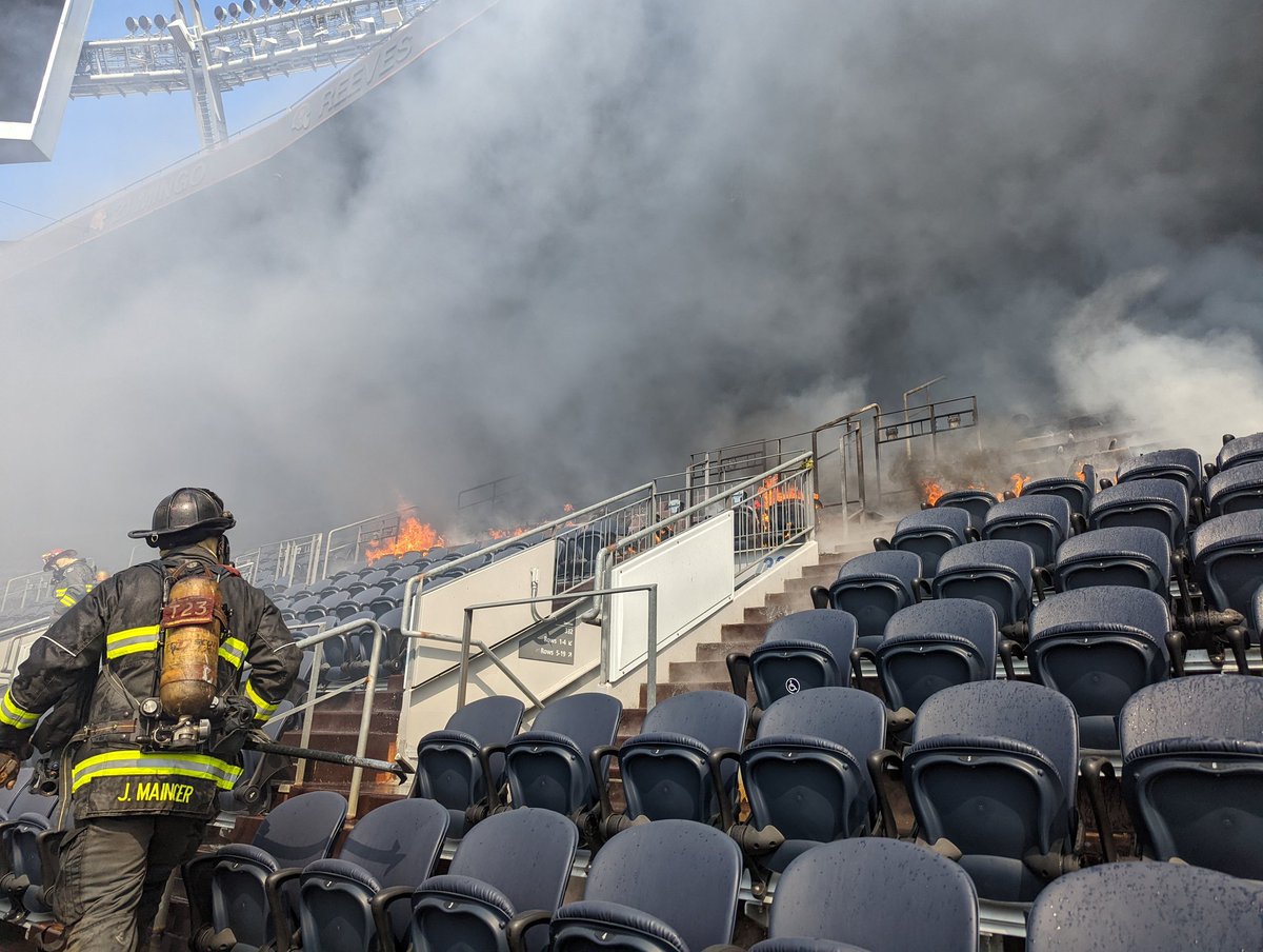 Denver Fire Department crews are extinguishing a fire at Mile high stadium, 1701 Bryant. Unknown cause at this time, but fire affected has affected the suite are and the third level seating area