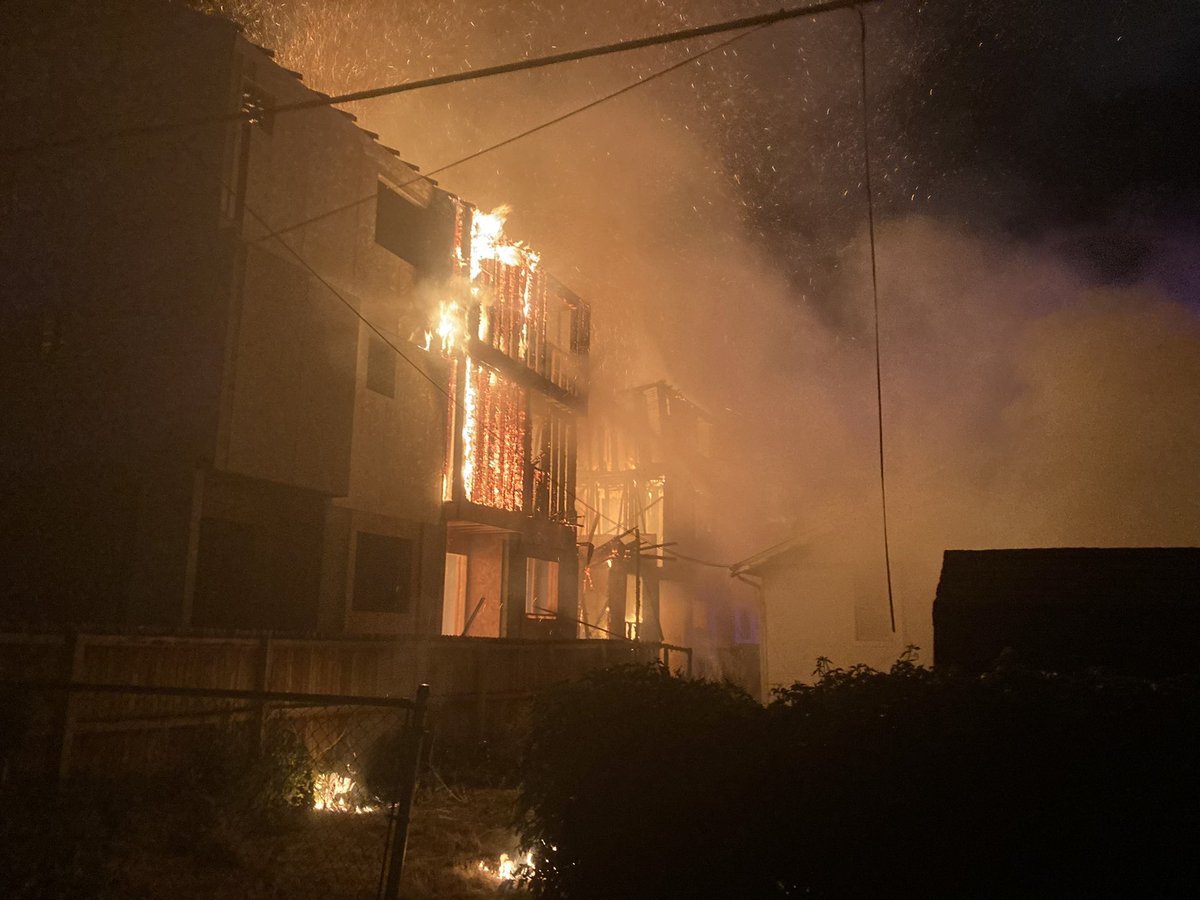 Scene of a two alarm structure fire at 16th Ave. & Routt St. in Lakewood. The fire destroyed at least three townhome units under construction and was fully involved when firefighters arrived. Several nearby homes were evacuated for safety. No injuries