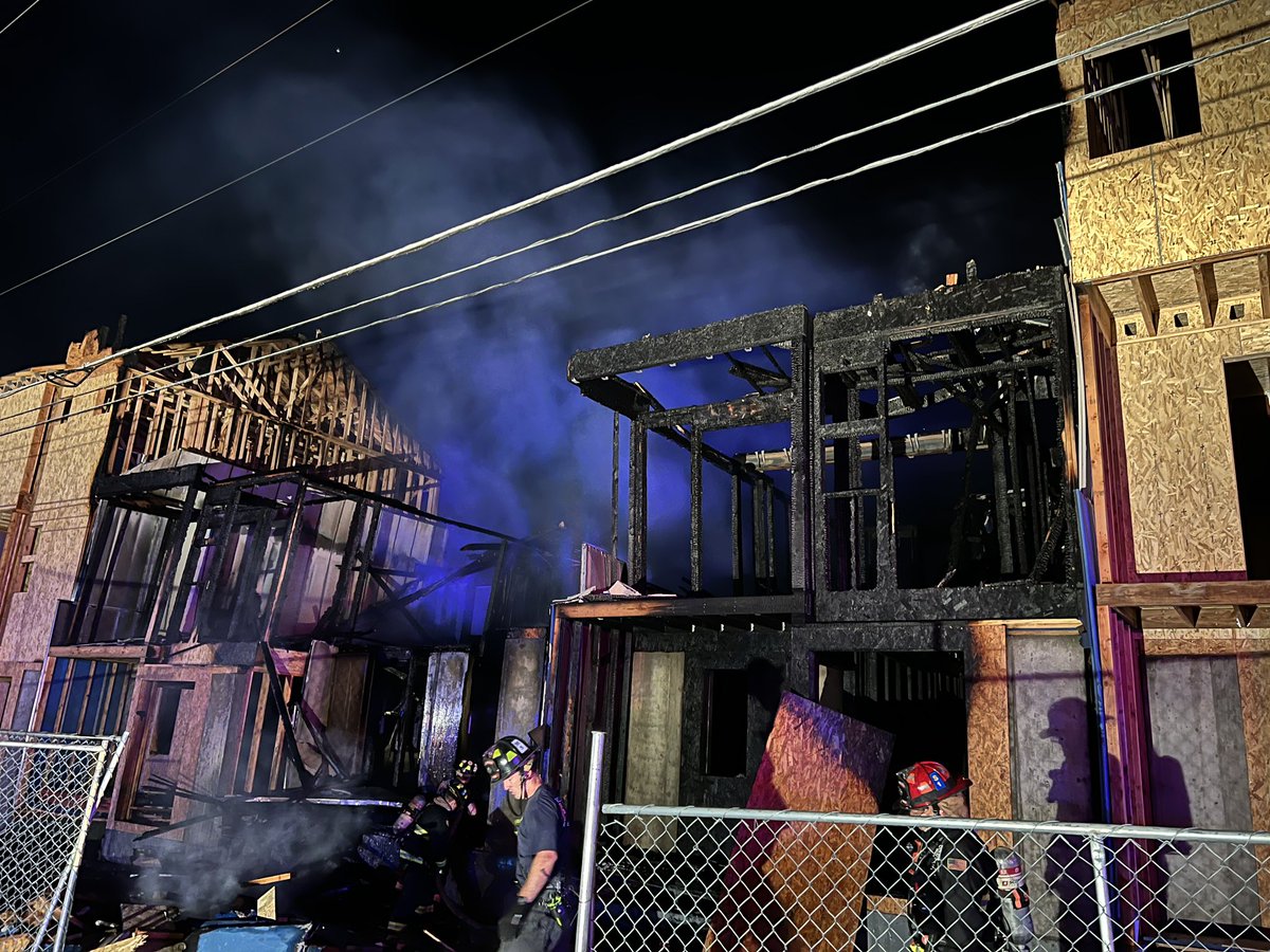 Scene of a two alarm structure fire at 16th Ave. & Routt St. in Lakewood. The fire destroyed at least three townhome units under construction and was fully involved when firefighters arrived. Several nearby homes were evacuated for safety. No injuries