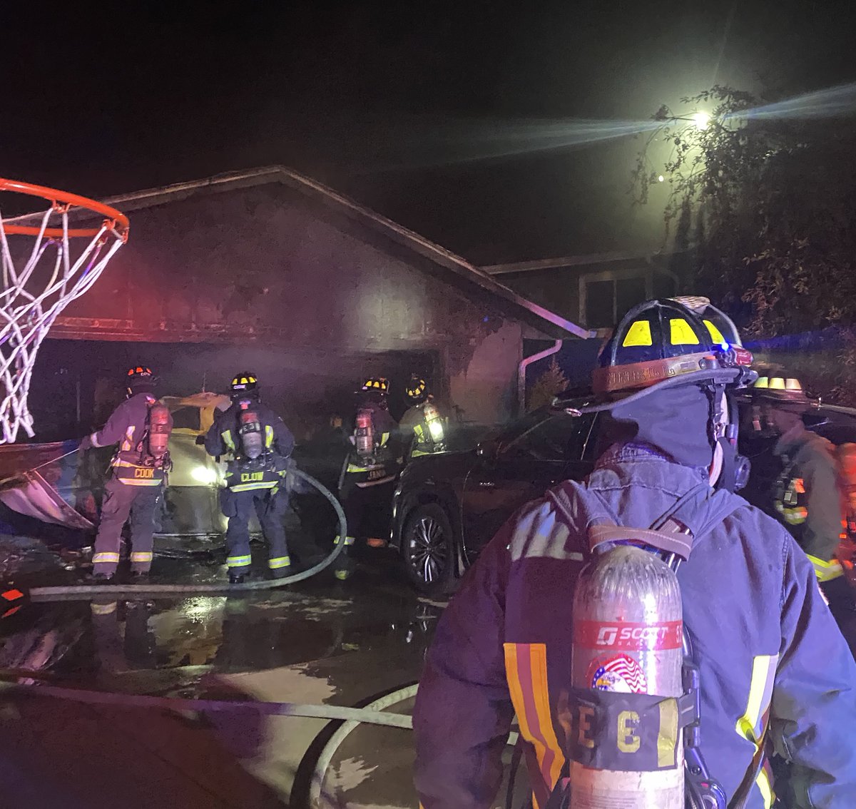 Firefighters arrived and found an attached garage engulfed in flames. First arriving crews made an immediate attack on the garage fire while the next in engine company worked to secure a water source. Another crew searched the home for any potential patients