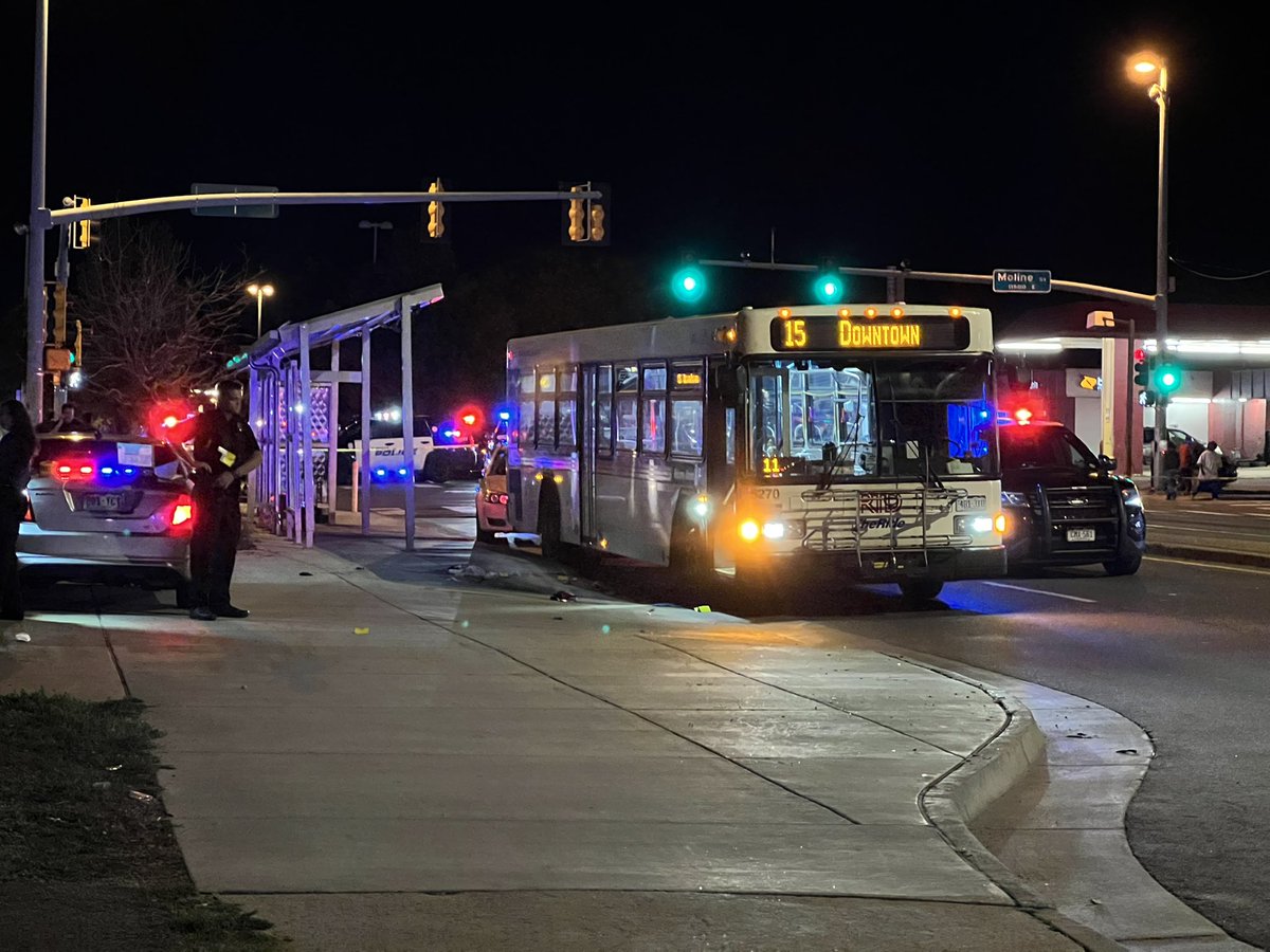 One person was taken to hosptial after they were injured when Aurora Police fired shots. Crime scene involves RTD bus, with evidence markers just outside door. A man on the bus at time of shooting tells a man got on the bus with a large knife.