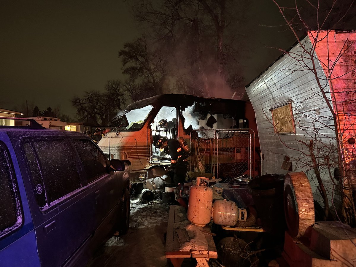 Structure fire at a mobile home park at 14th Ave & Allison in Lakewood. The fire was caused by a space heater in an RV. Two people were inside at the time, both got out, although one had minor injuries. He was treated on scene and released