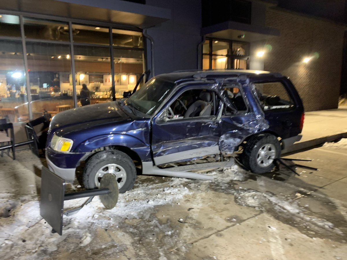 A vehicle crashed into Starbucks at W 10th Ave / Wadsworth Blvd about 6:30 pm tonight. The investigation is ongoing but no serious injuries to anyone involved. A single male driver was in the vehicle and stayed on scene