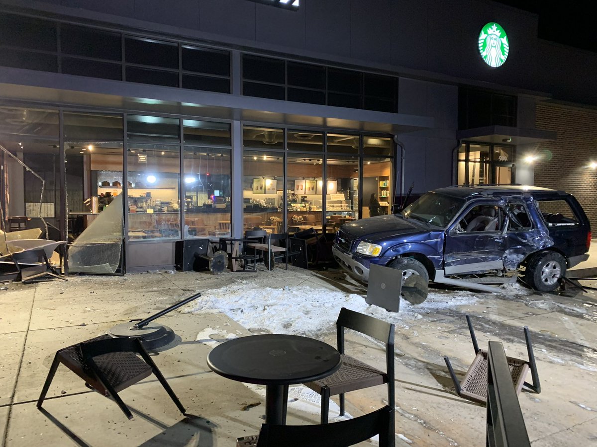 A vehicle crashed into Starbucks at W 10th Ave / Wadsworth Blvd about 6:30 pm tonight. The investigation is ongoing but no serious injuries to anyone involved. A single male driver was in the vehicle and stayed on scene