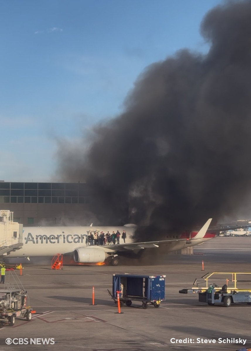 An American Airlines plane carrying 178 people appeared to catch fire on the tarmac after making an emergency landing at Denver International Airport , forcing passengers to evacuate by climbing out onto the wing of the plane