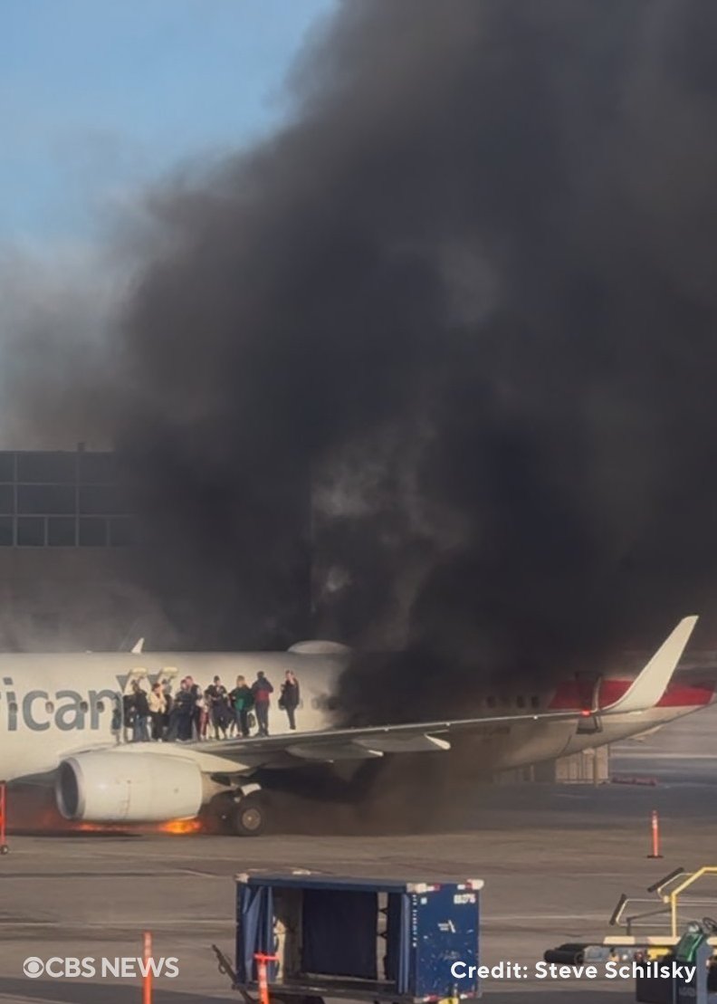 An American Airlines plane carrying 178 people appeared to catch fire on the tarmac after making an emergency landing at Denver International Airport , forcing passengers to evacuate by climbing out onto the wing of the plane