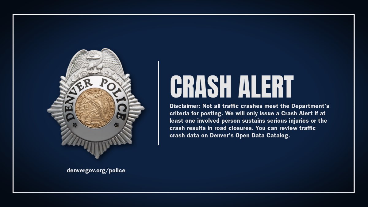 DPD is investigating a traffic crash with serious injuries involving two motorist in the area of the 5500 block W. Hampden Ave. on the frontage Road. All lanes of travel have been reopened. Denver