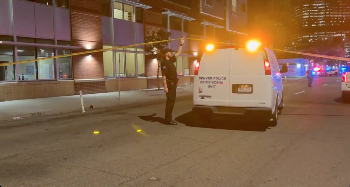 Scene along Stout Street where Denver Police say two people were injured during a shooting Thursday night. Police say the people have been taken to the hospital, suffering from what appeared to be non-life-threatening injuries. 